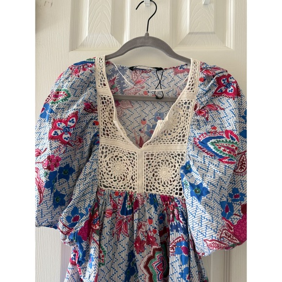 Zara Boho Crochet Floral Peasant Top XL Puff Sleeve Lace Trim Festival Blouse - Picture 3 of 10